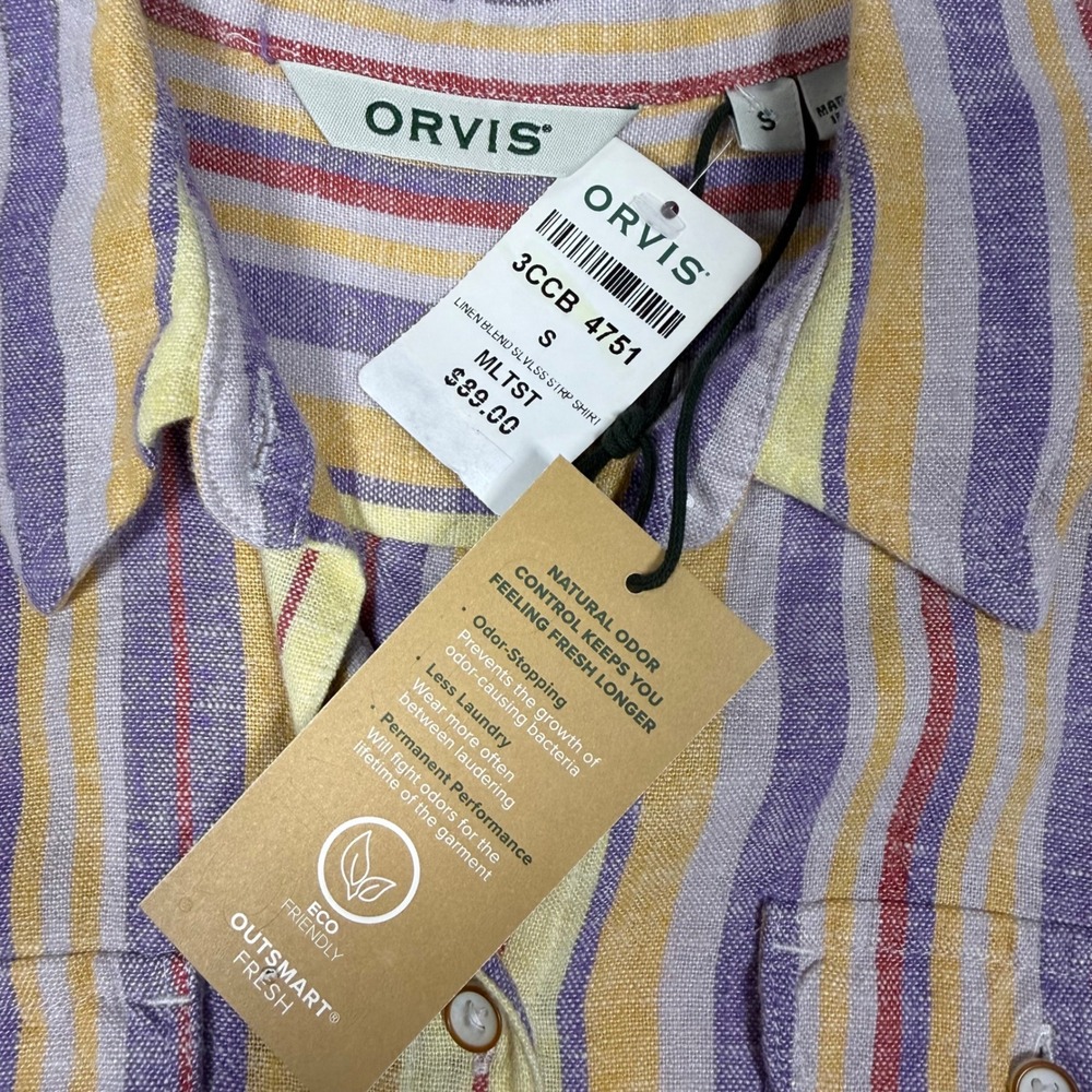 Orvis Womens Linen Blend Sleeveless Striped Shirt Yellow Purple OutSmart Fresh S - Picture 3 of 7